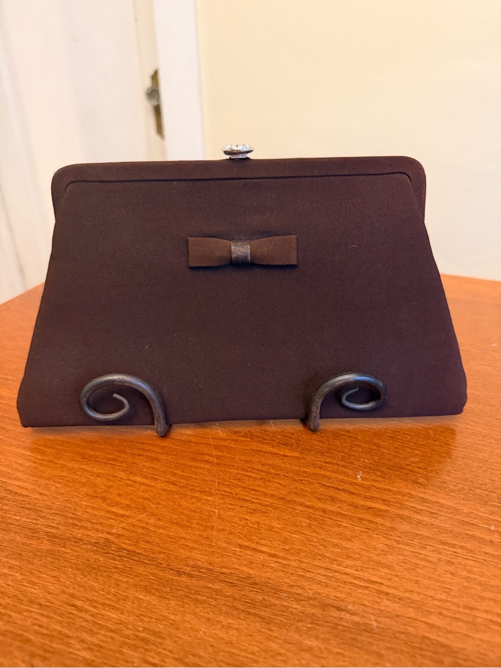 Vintage Brown Satin Evening Clutch with Jeweled Clasp & Matching Coin Purse